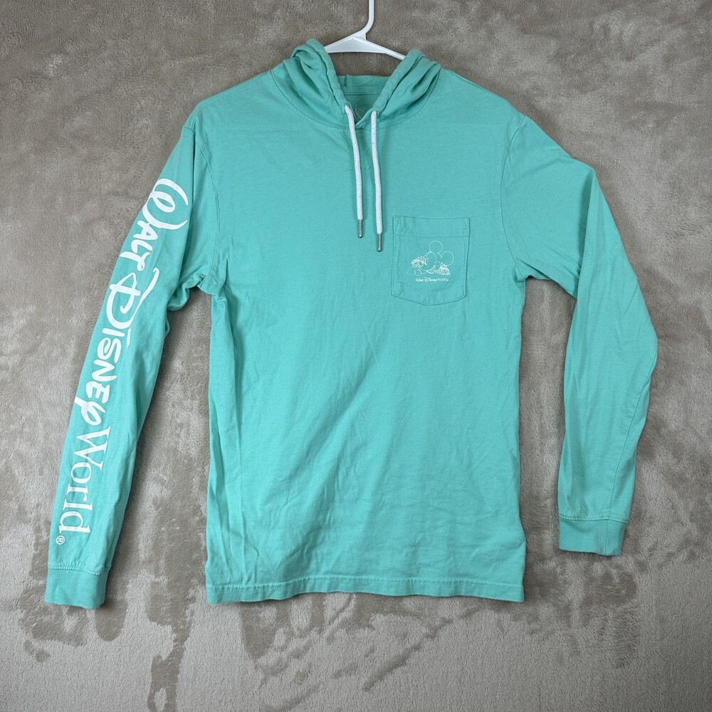 Disney Parks Walt Disney World Mickey Hoodie Shirt Mens Small Teal Long Sleeve